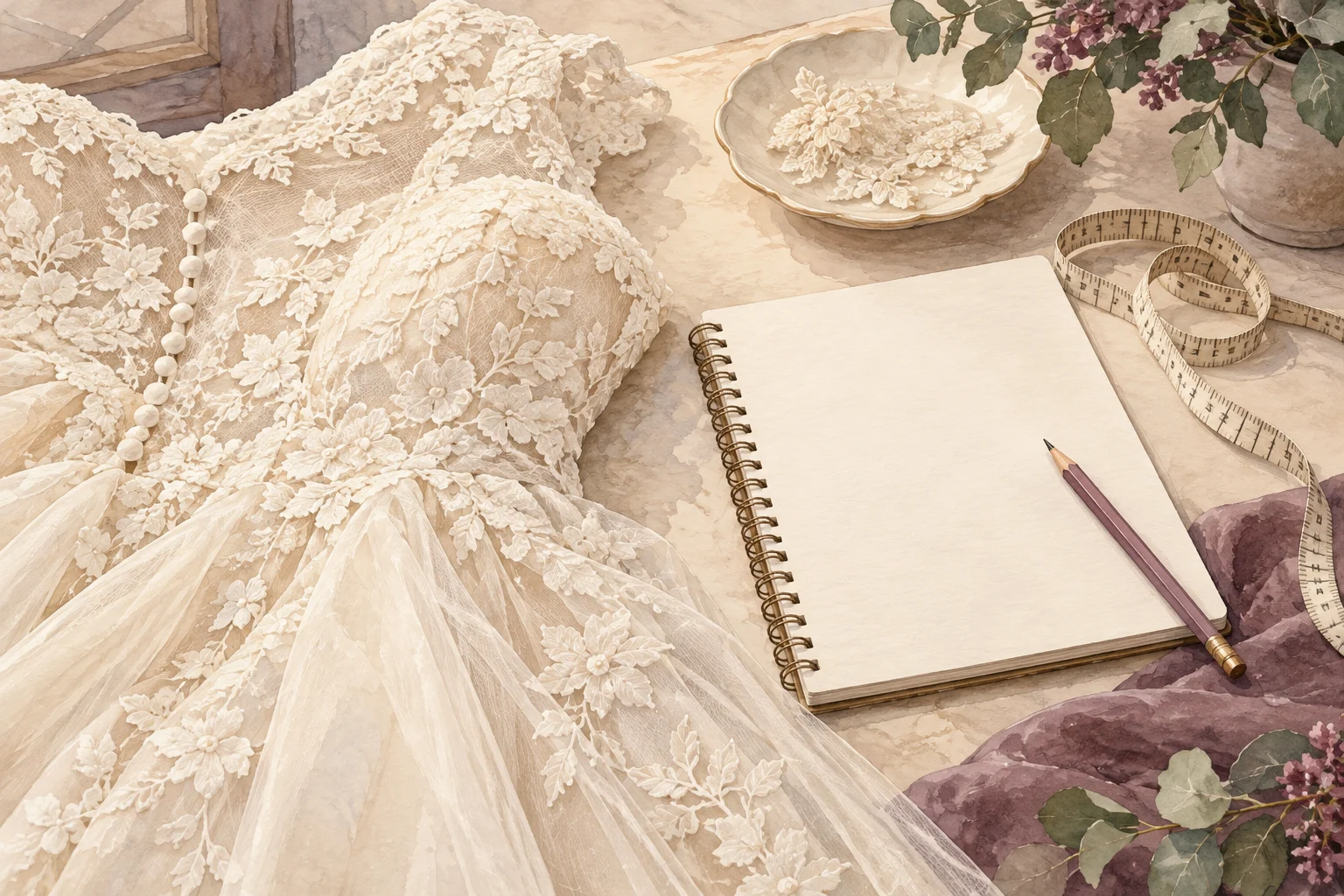 Ilustración con IA de un vestido, una libreta de valoración y una cinta métrica, sin precios